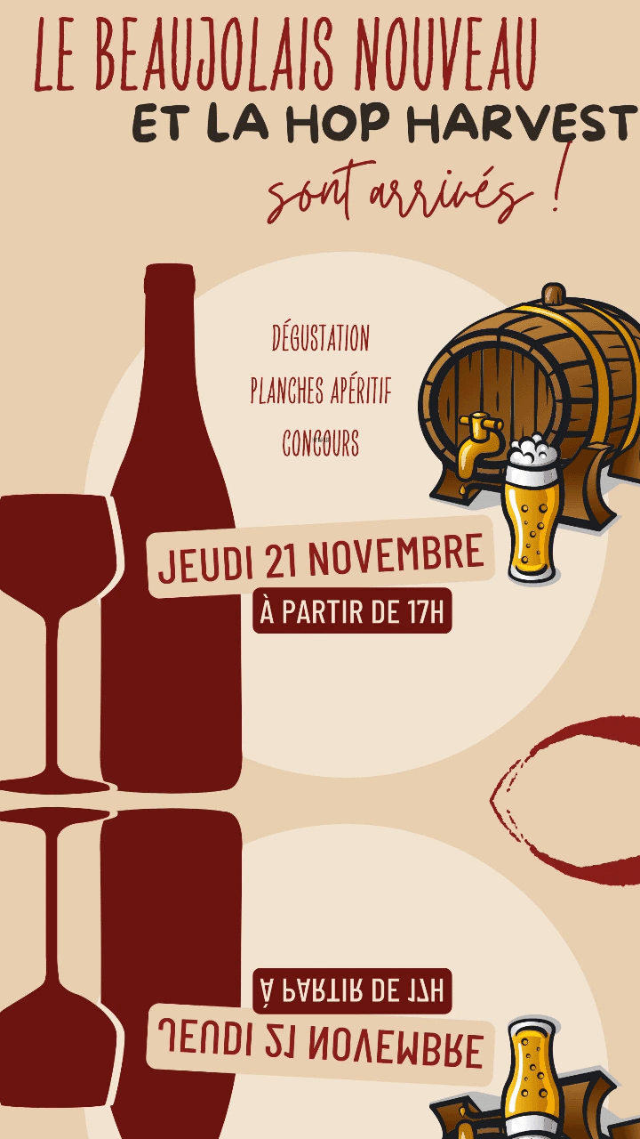 Rejoignez-nous nombreux, jeudi 21novembre, pour notre duel annuel **HOP HARVEST VS BEAUJOLAIS NOUVEAU**. Qui sortira vainqueur cette année ?